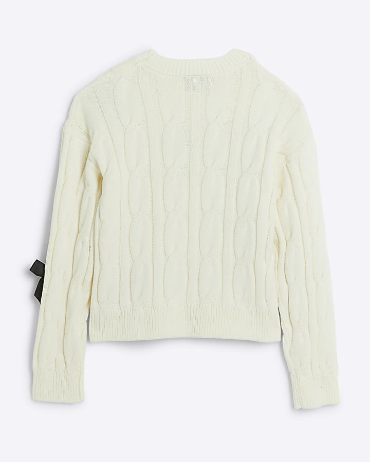 Girls cream cable knit bow jumper