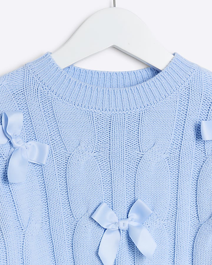 Mini Girls blue cable knit bow jumper