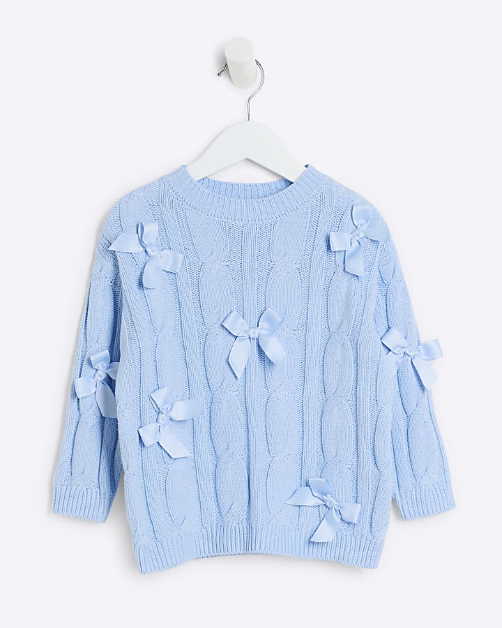 Mini Girls blue cable knit bow jumper