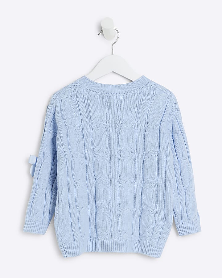 Mini Girls blue cable knit bow jumper