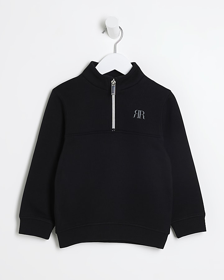 Mini boys black funnel half zip sweatshirt