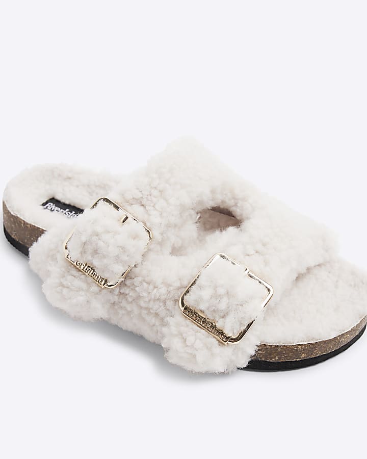 Girls Cream Borg Footbed Slippers