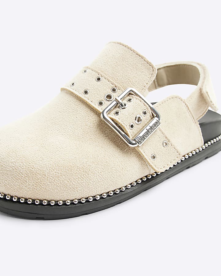 Girls beige suedette buckle clog shoes