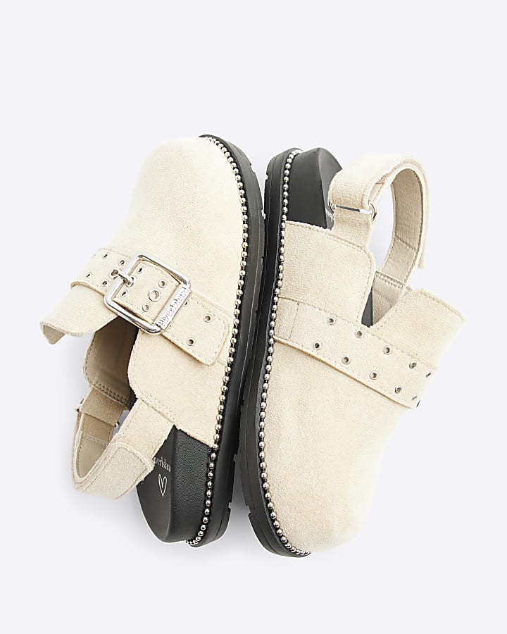 Girls beige suedette buckle clog shoes