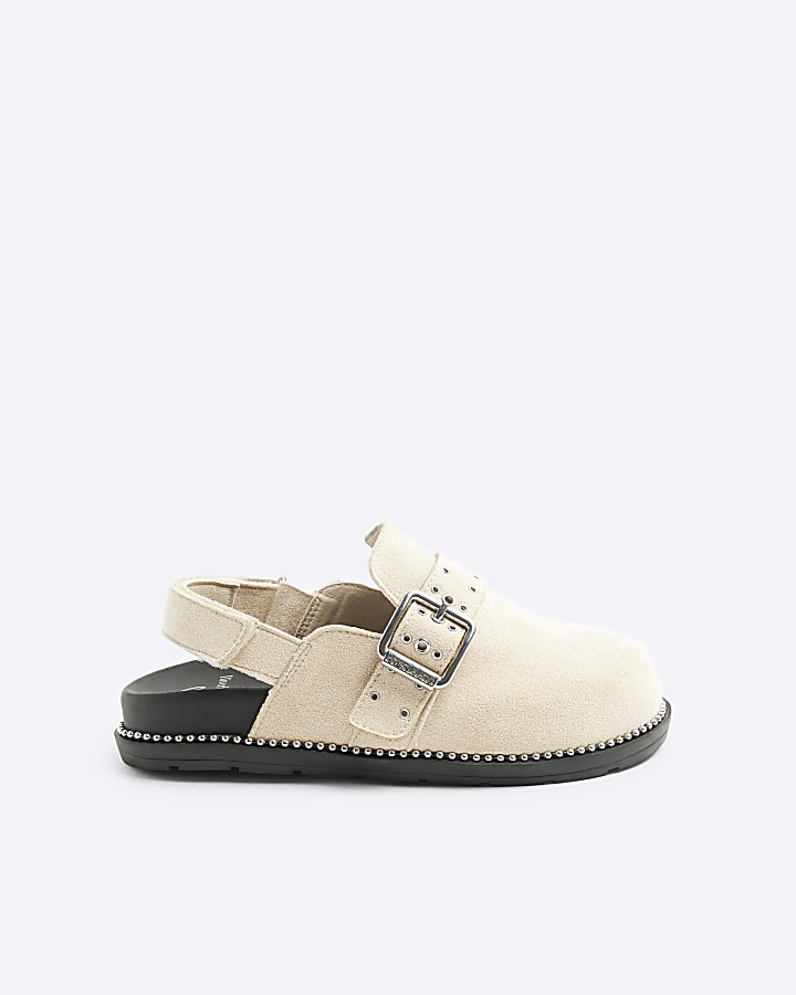 Girls beige suedette buckle clog shoes River Island