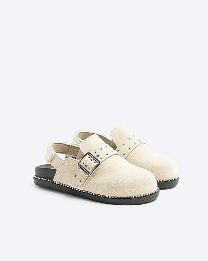 Girls beige suedette buckle clog shoes