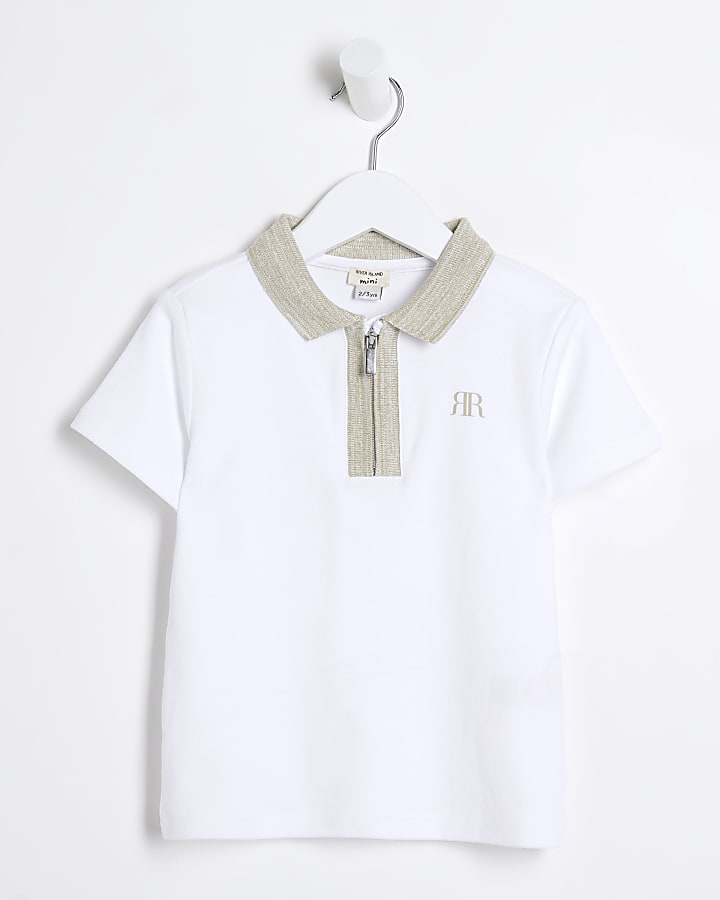 Mini boys beige half zip polo shirt River Island