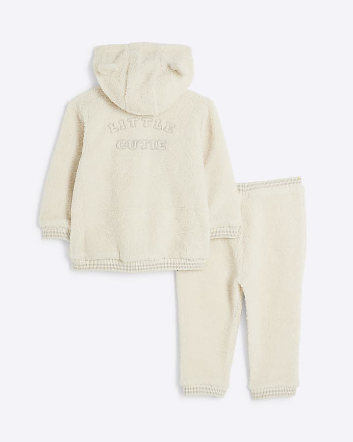 Baby beige borg bear hoodie set