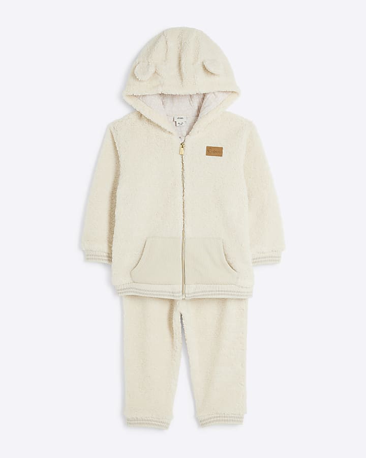 Baby beige borg bear hoodie set