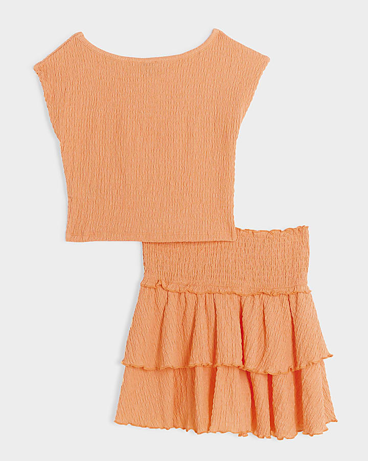 Girls coral textured top and skirt set