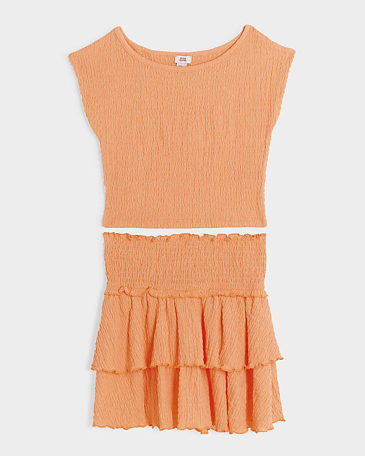 Girls coral textured top and skirt set