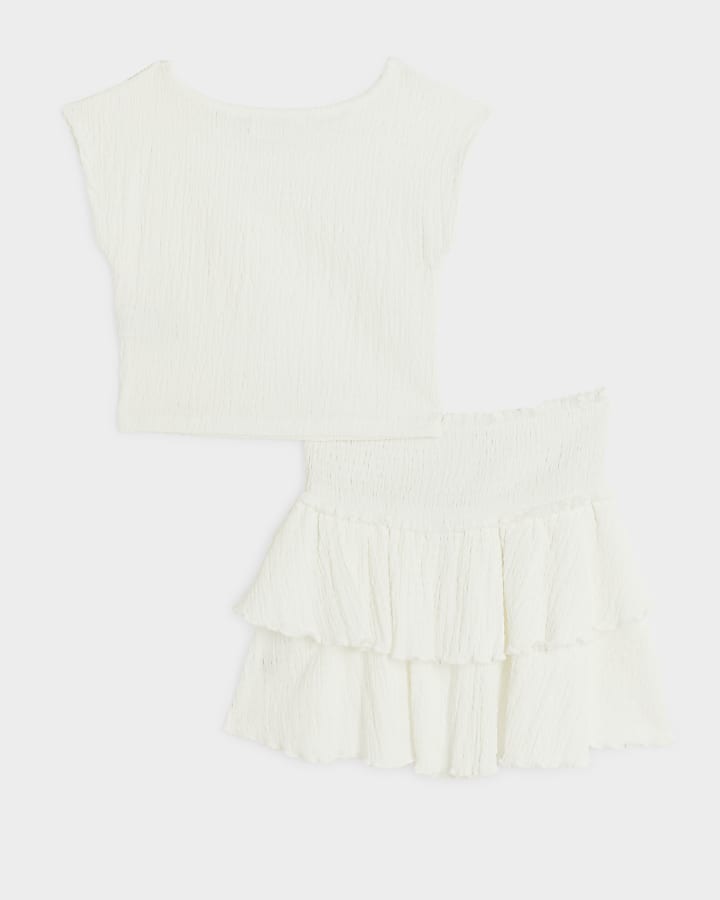 Girls white textured top and skirt set