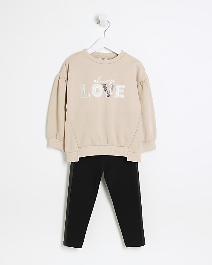 Mini girls beige embellished sweatshirt set