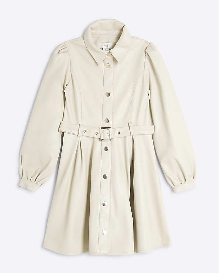 Girls cream faux leather belted shirt dress