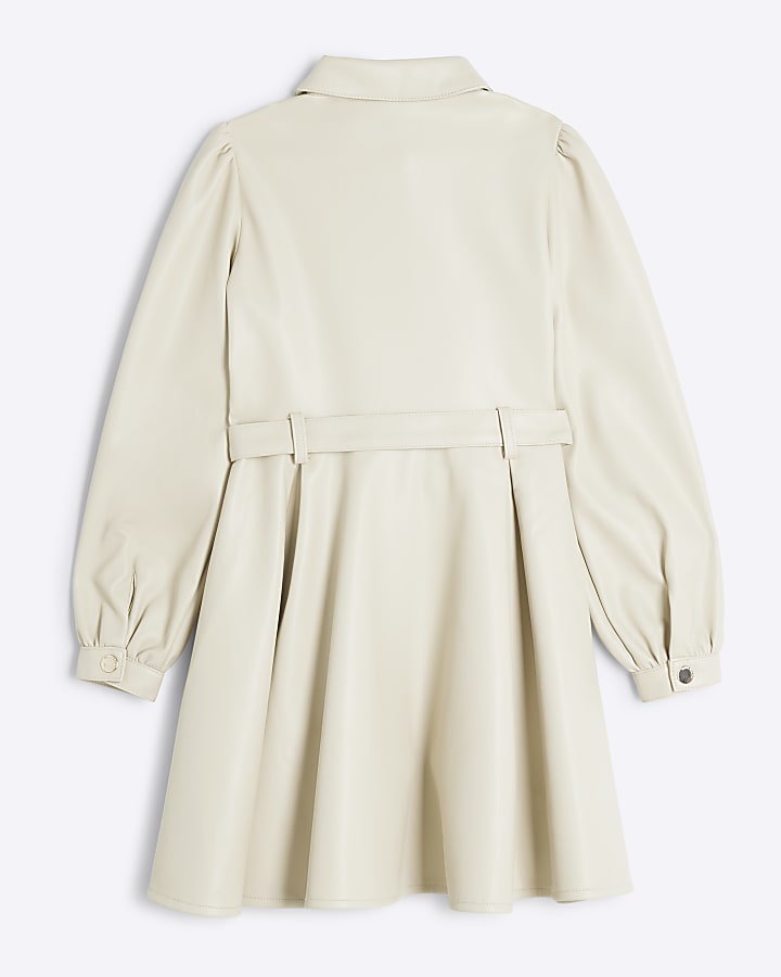 Girls cream faux leather belted shirt dress