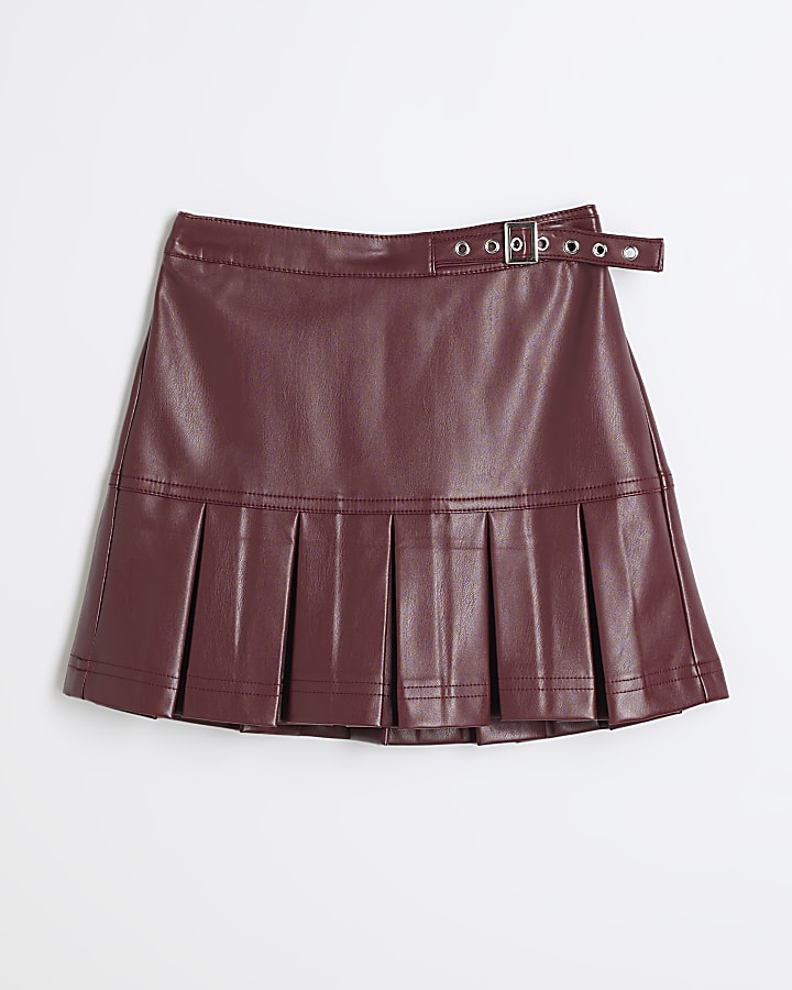 Girls Red Faux Leather Buckle Pleated Skirt