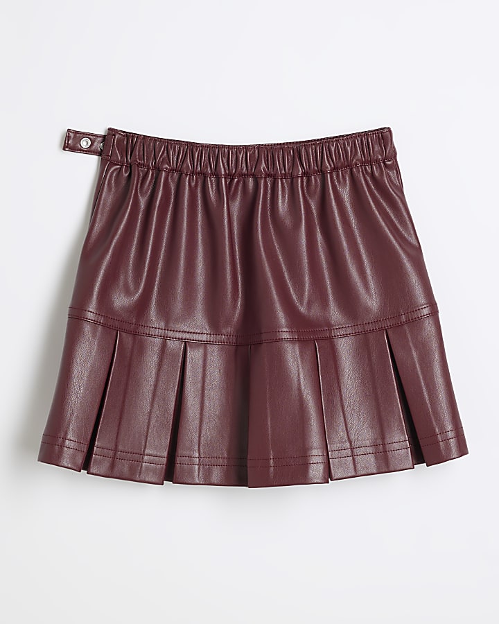 Girls Red Faux Leather Buckle Pleated Skirt