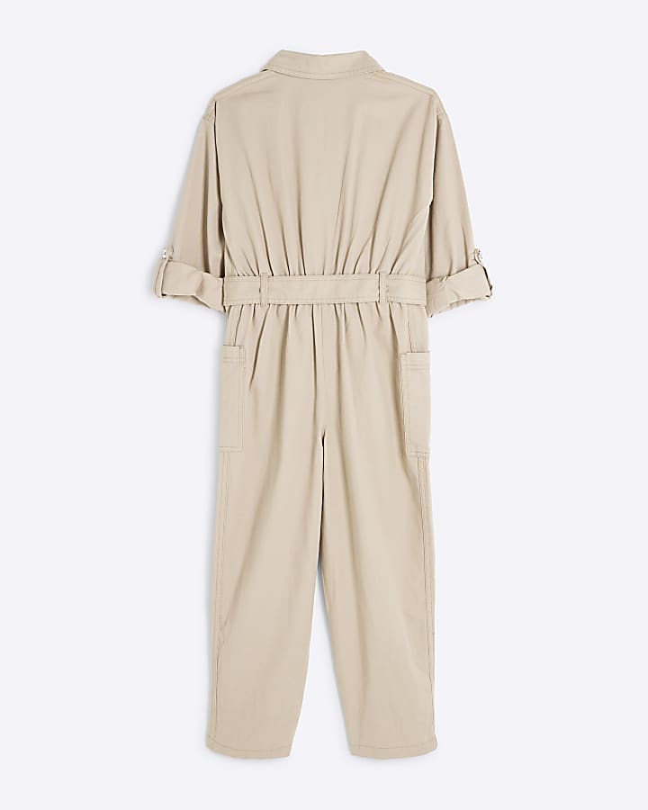 Girls Beige utility belted jumpsuit