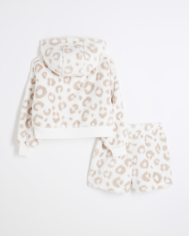 Girls Beige Leopard Shorts Loungewear Set