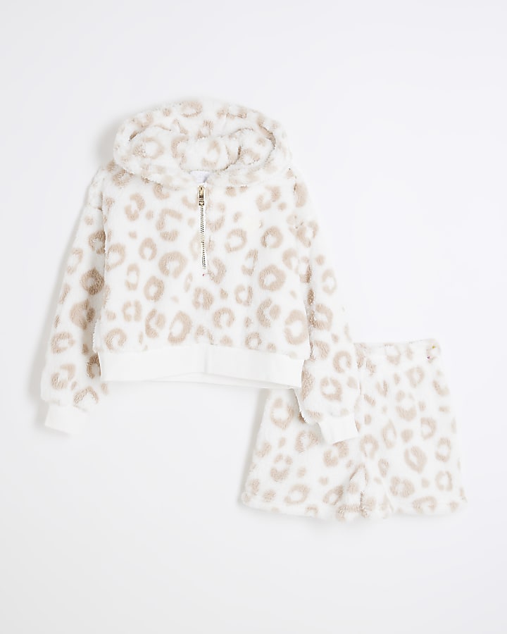 Girls Beige Leopard Shorts Loungewear Set