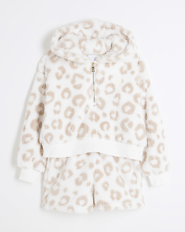 Girls Beige Leopard Shorts Loungewear Set