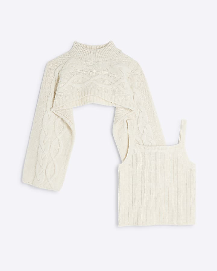 Girls Beige Cable Knit 2 In 1 Jumper