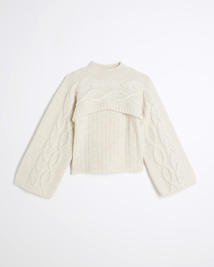 Girls Beige Cable Knit 2 In 1 Jumper