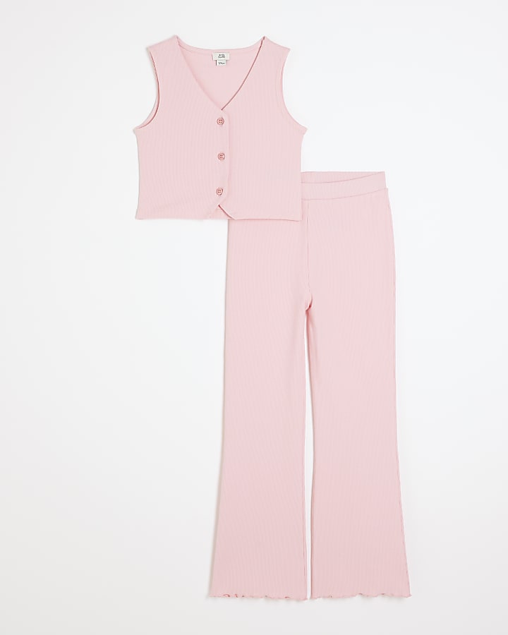 Girls pink ribbed waistcoat and trousers set