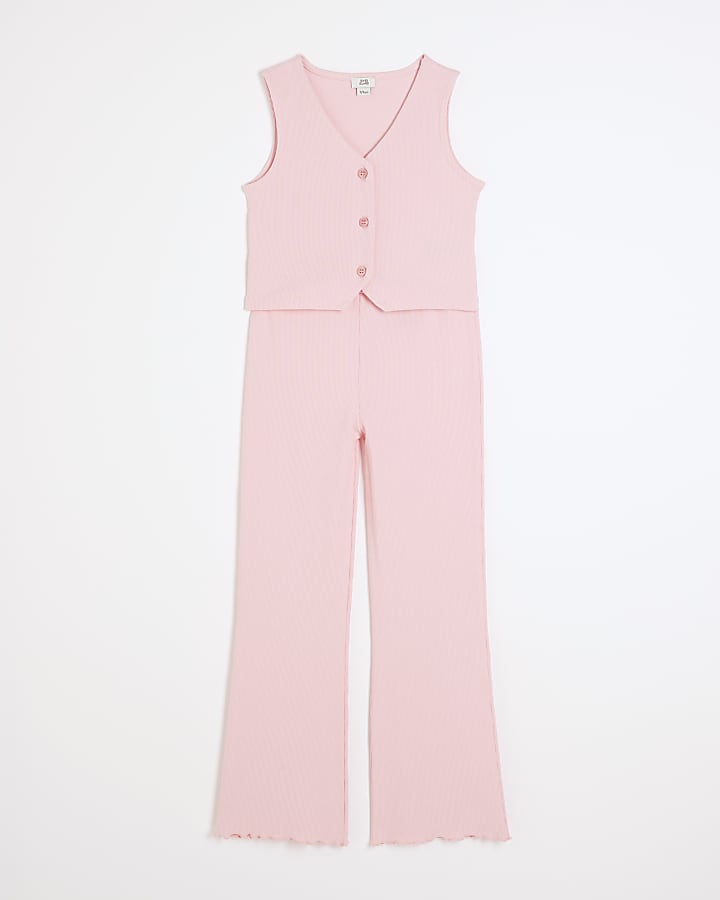 Girls pink ribbed waistcoat and trousers set