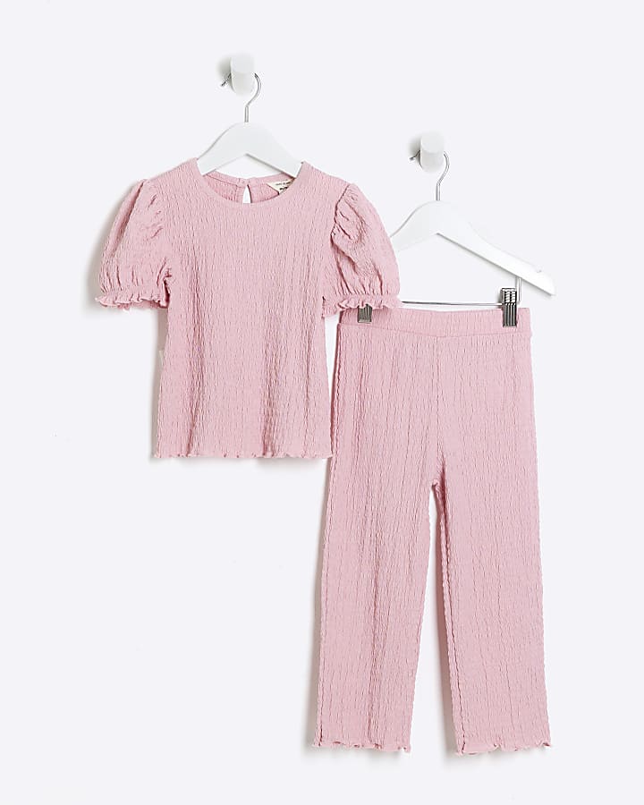 Mini girls pink puff sleeve t-shirt set