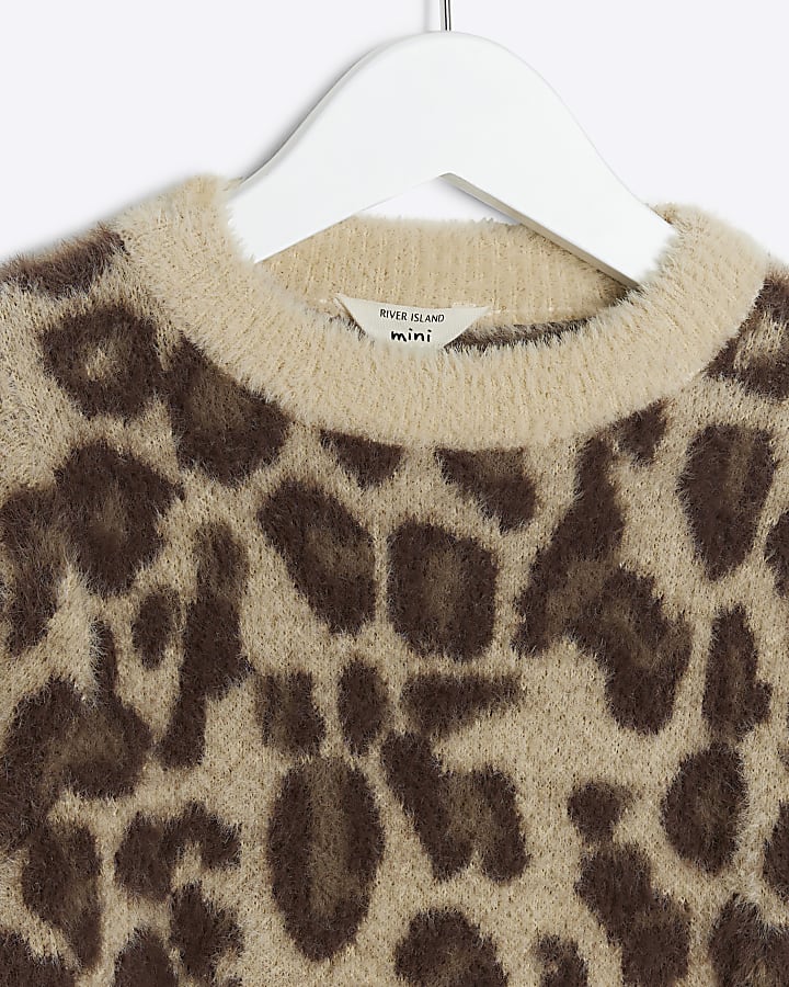 Mini girls brown leopard fluffy knit jumper