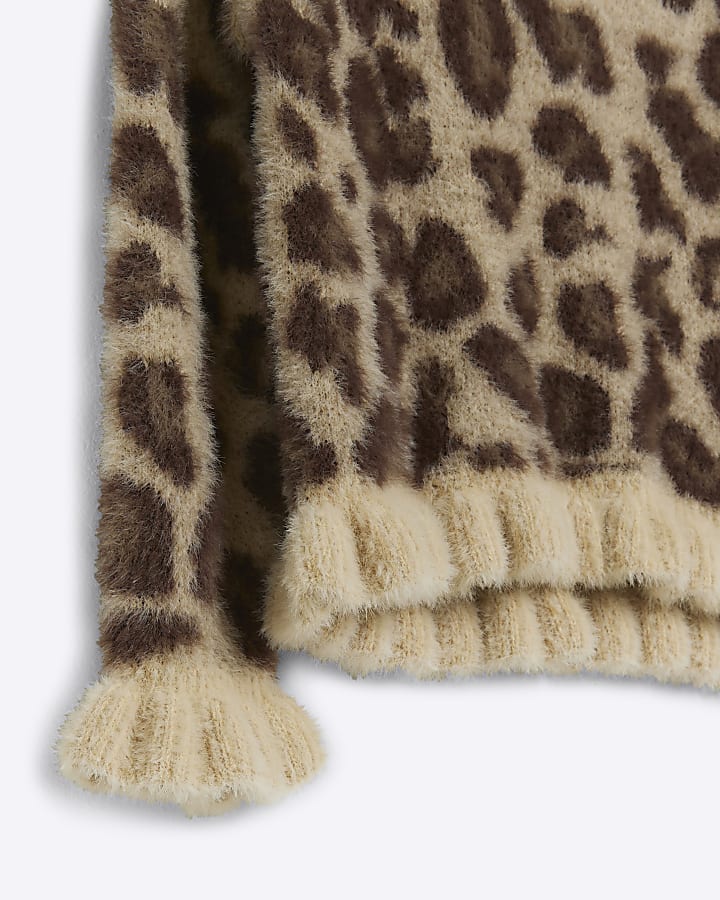 Mini girls brown leopard fluffy knit jumper