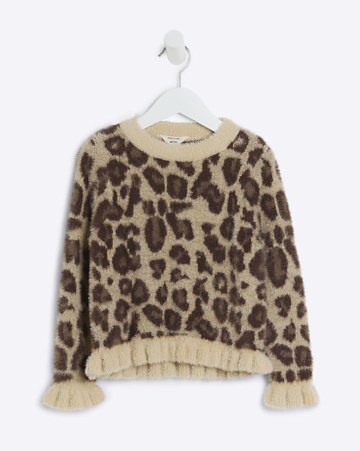 Mini girls brown leopard fluffy knit jumper