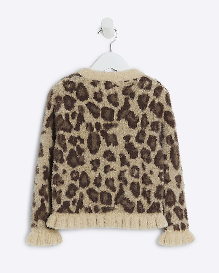 Mini girls brown leopard fluffy knit jumper