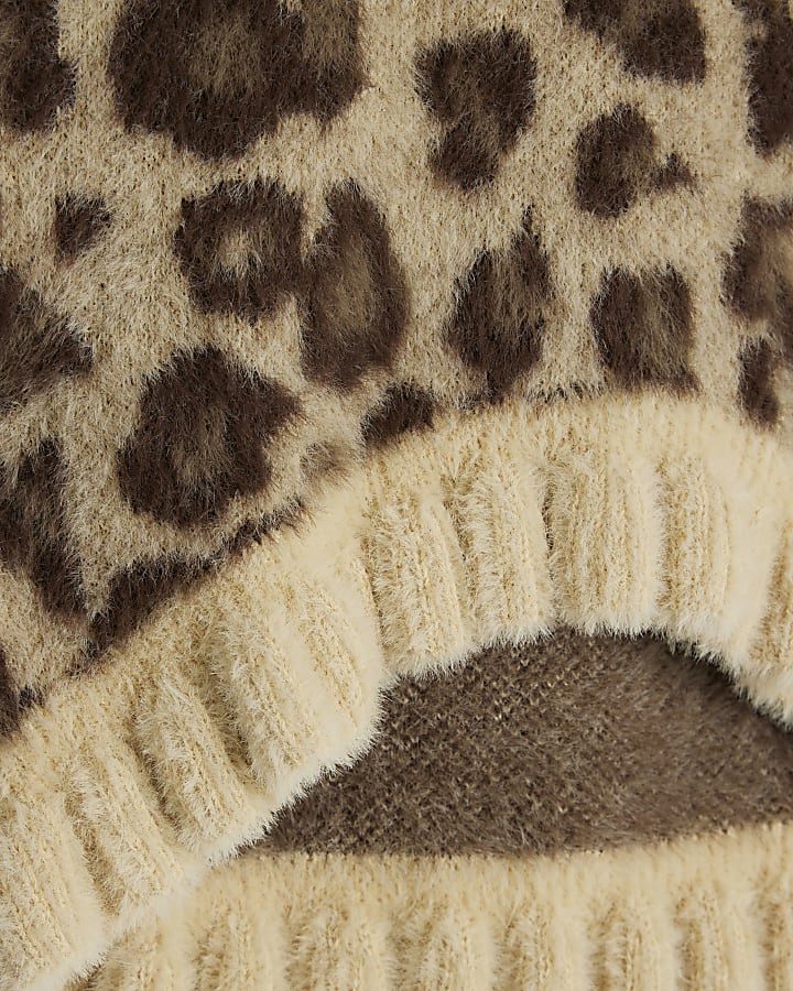 Girls Brown Leopard Fluffy Frill Jumper