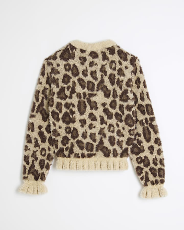 Girls Brown Leopard Fluffy Frill Jumper