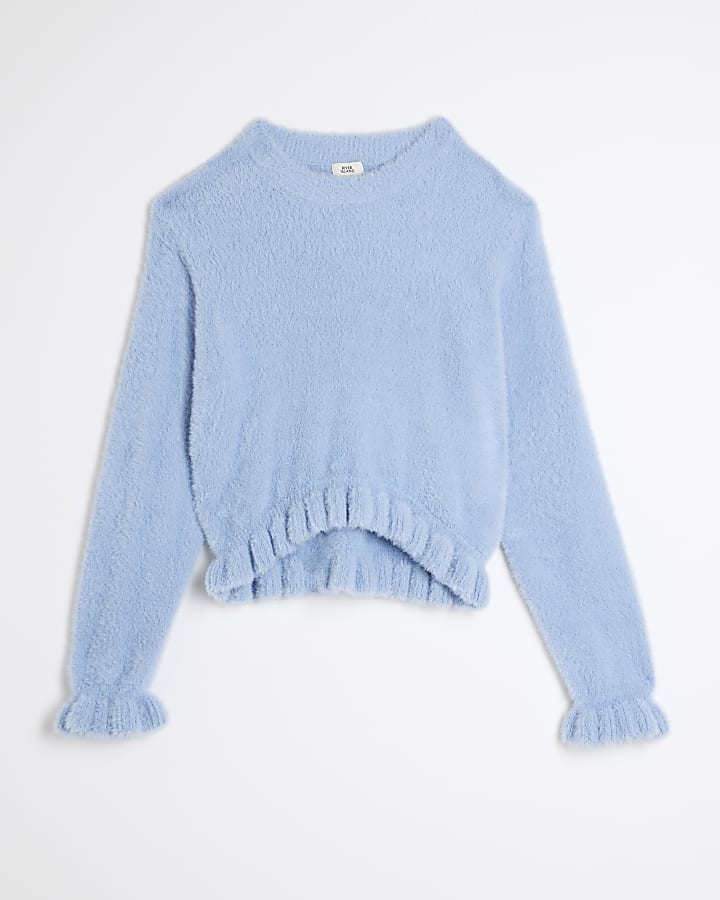 Girls Blue Frill Cropped Jumper River Island