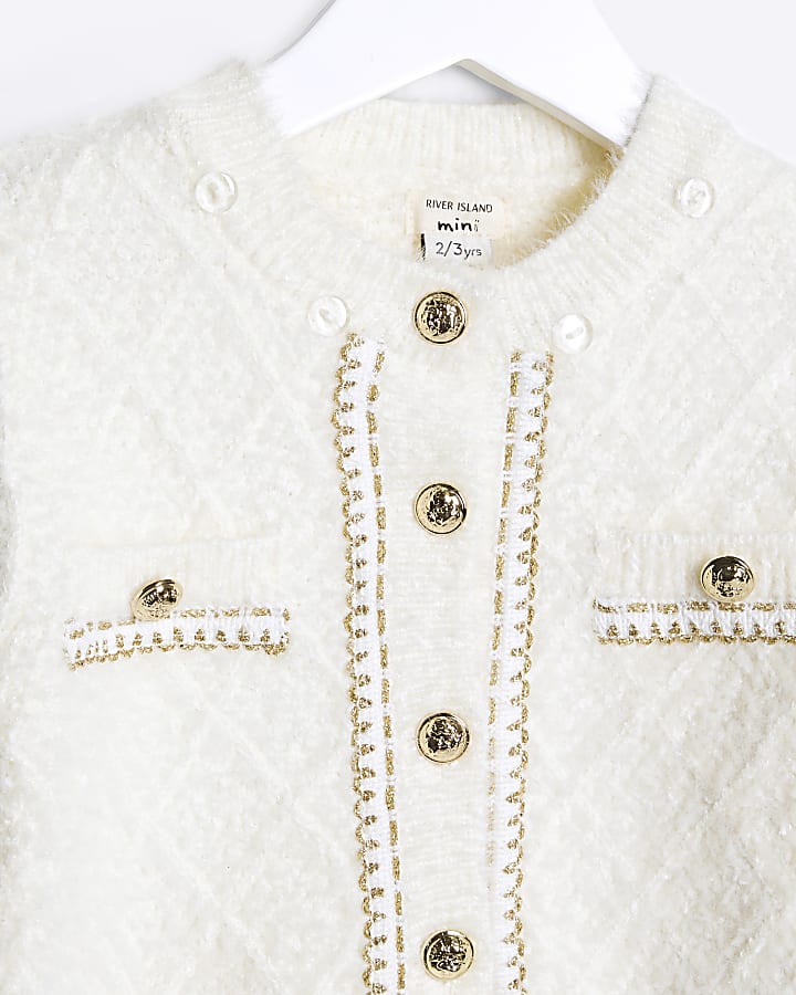 Mini Girls Cream Faux Fur Chain Cardigan Set