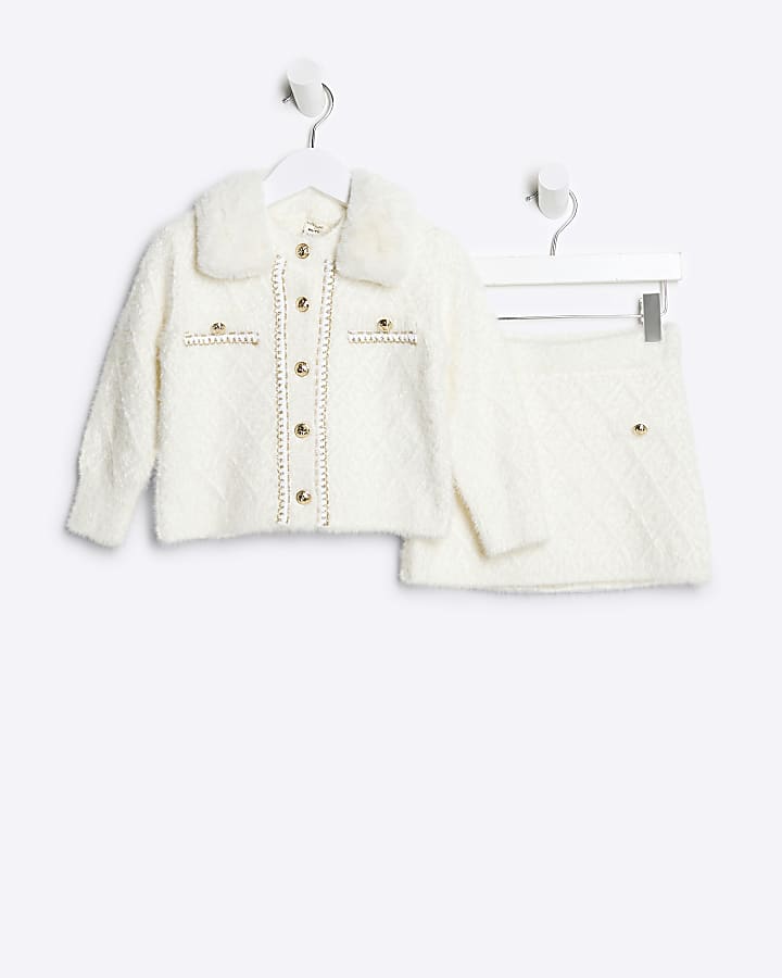 Mini Girls Cream Faux Fur Chain Cardigan Set