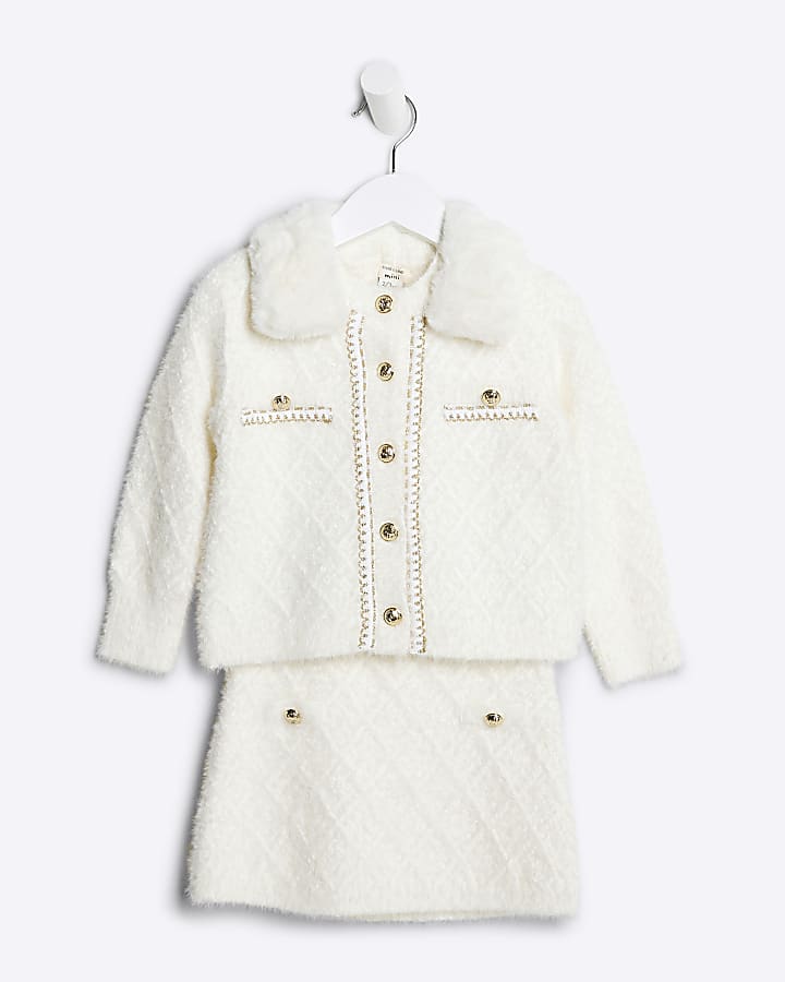 Mini Girls Cream Faux Fur Chain Cardigan Set