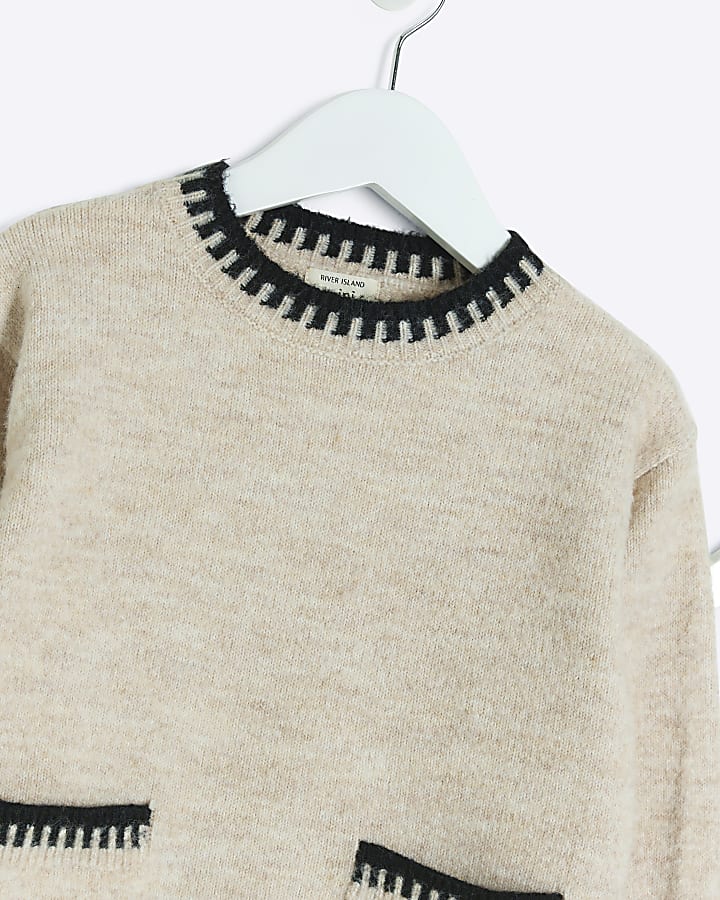 Mini girls beige knit whipstitch jumper set