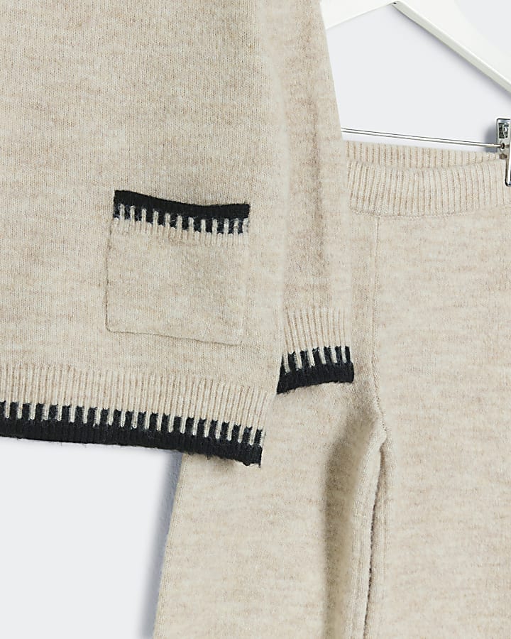 Mini girls beige knit whipstitch jumper set