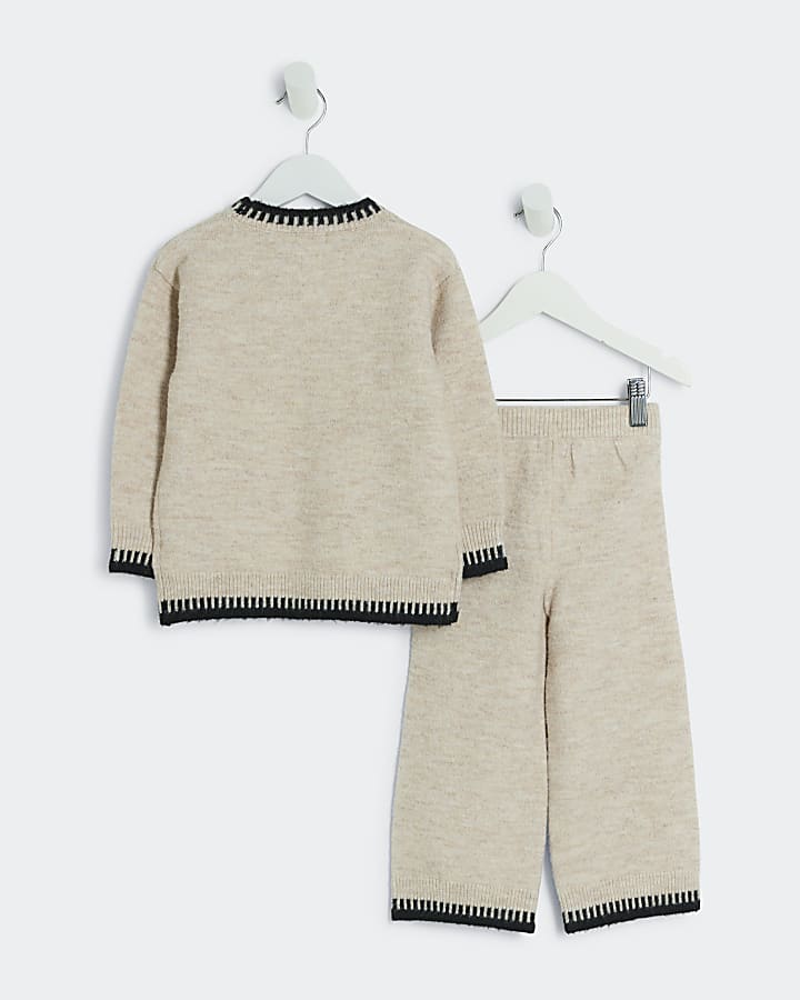 Mini girls beige knit whipstitch jumper set