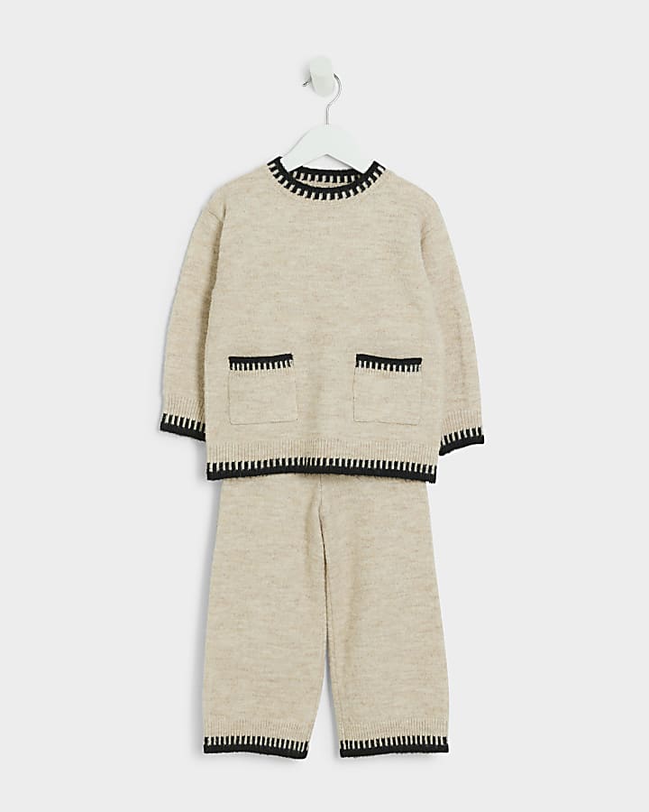 Mini girls beige knit whipstitch jumper set
