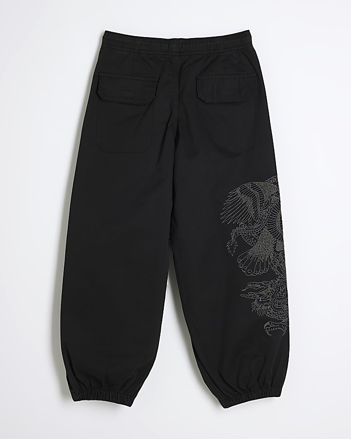 Boys Black Embroidery Dragon Cargo Trousers