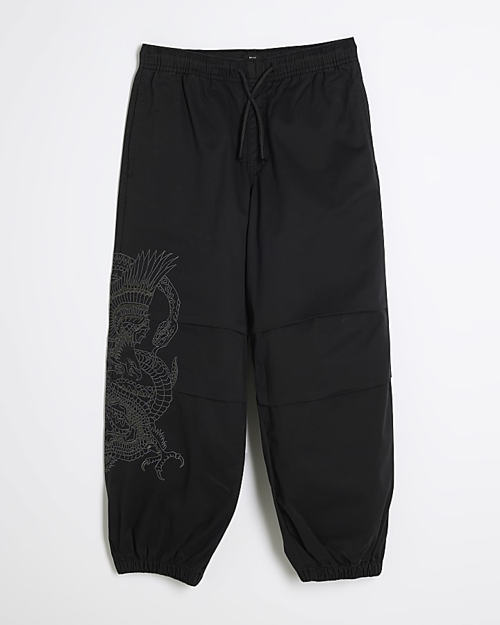 Boys Black Embroidery Dragon Cargo Trousers