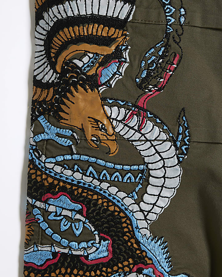 Boys Khaki Embroidery Dragon Cargo Trousers