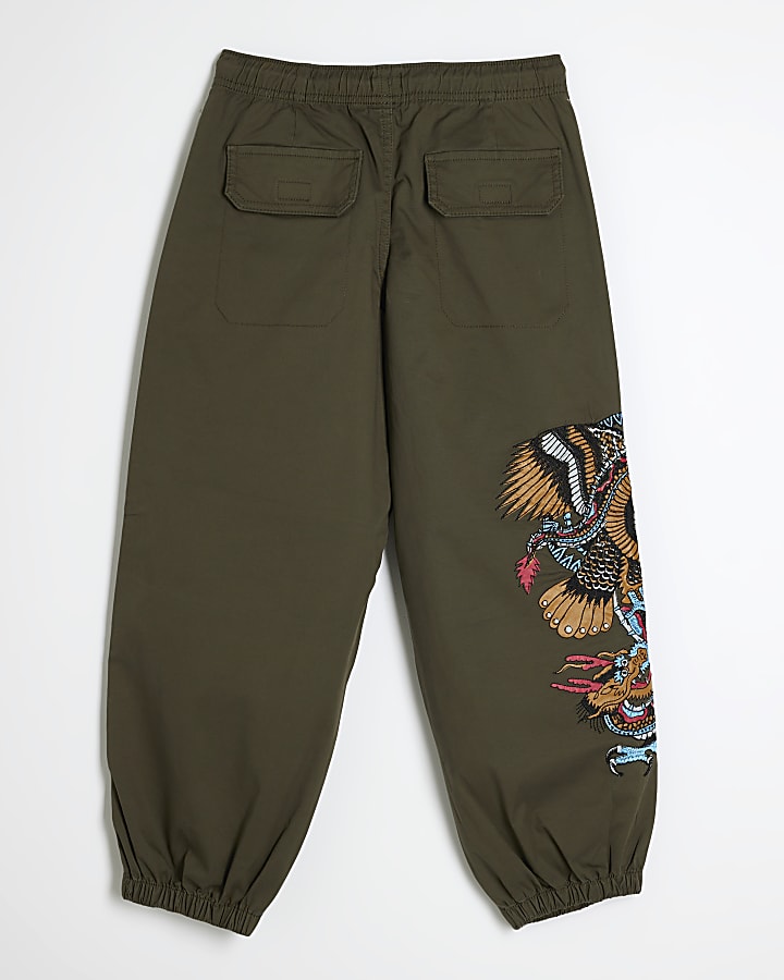 Boys Khaki Embroidery Dragon Cargo Trousers