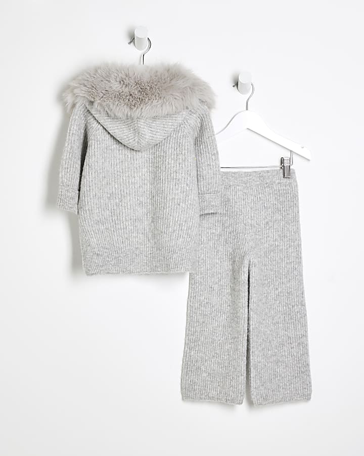 Mini Girls Grey Ribbed Hooded Wide Leg Set