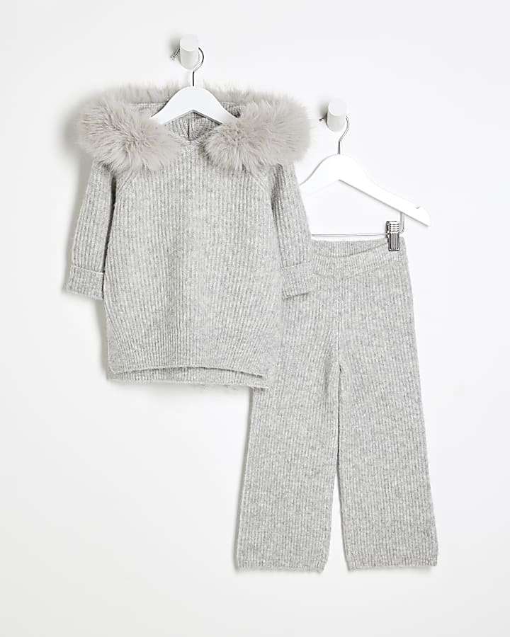 Mini Girls Grey Ribbed Hooded Wide Leg Set